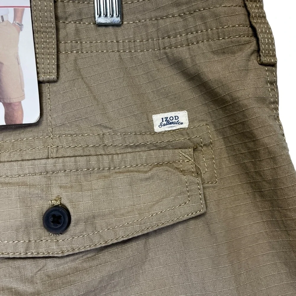 IZOD Saltwater‎ Mens Cargo Shorts Khaki Tan Ripstop Cotton 40W 45CS182 NEW